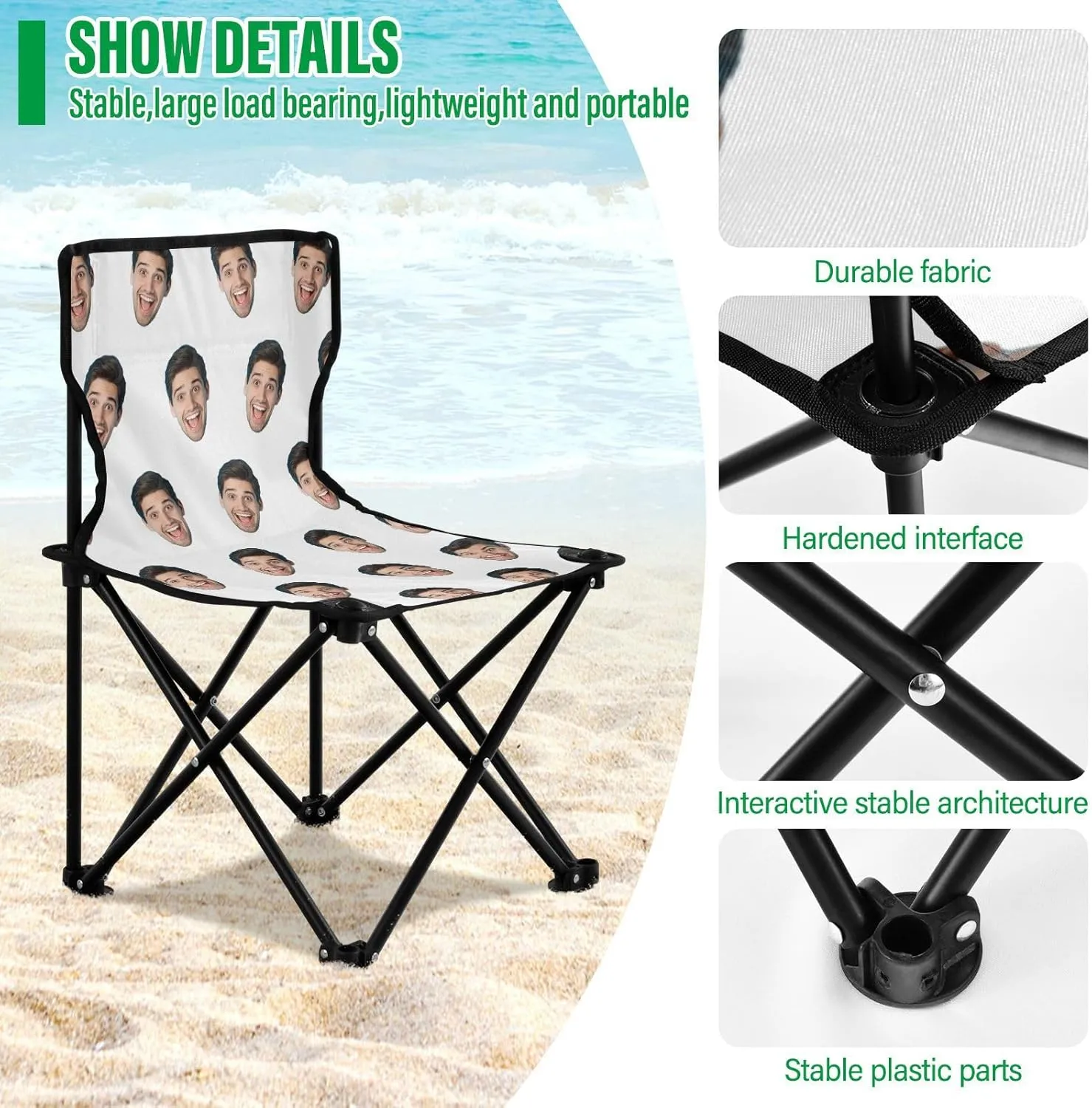 Sinestour White Custom Folding Camping Chair Personalized Photo Face Outdoor Chair with Carry Bag for Travel Barbeques Picnic