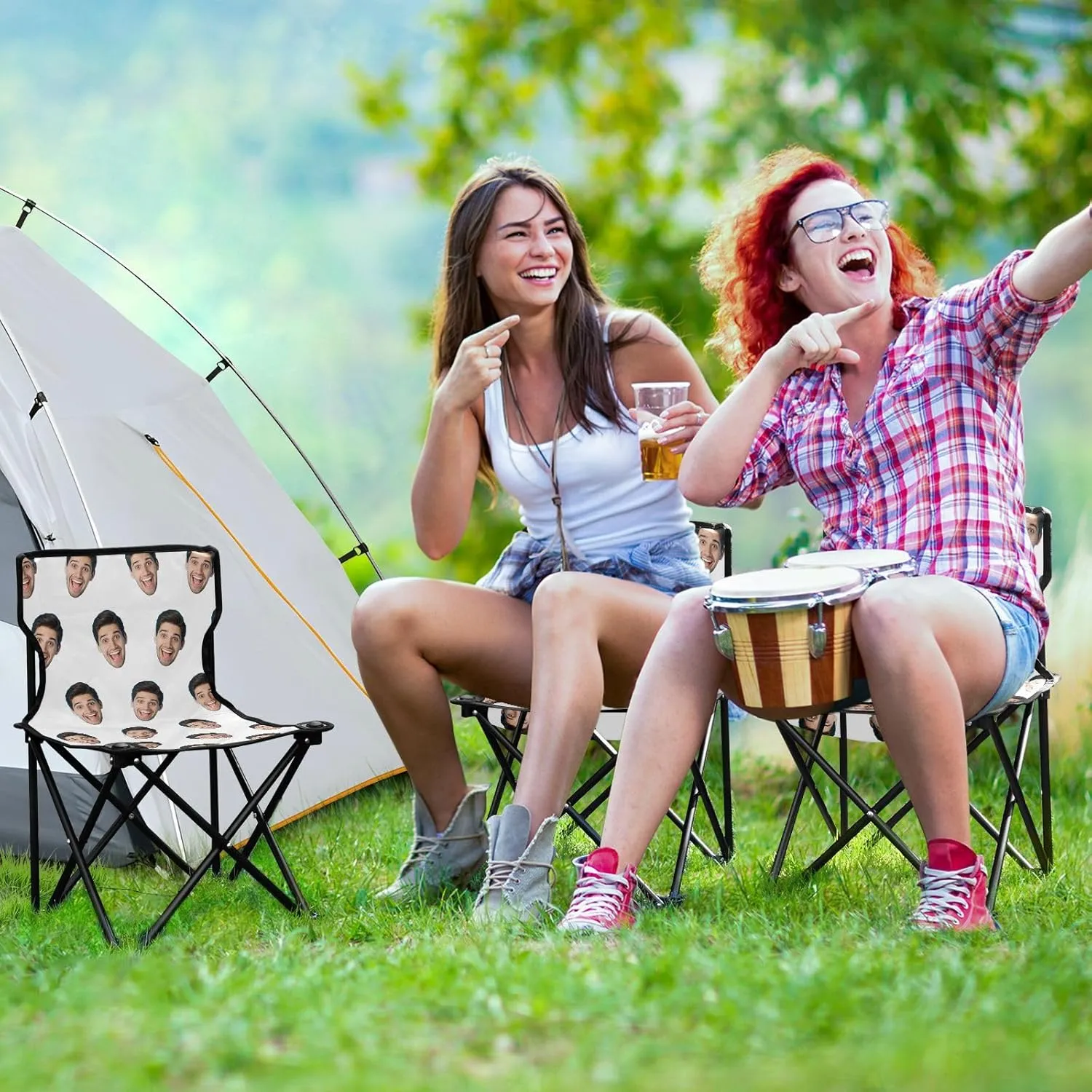 Sinestour White Custom Folding Camping Chair Personalized Photo Face Outdoor Chair with Carry Bag for Travel Barbeques Picnic