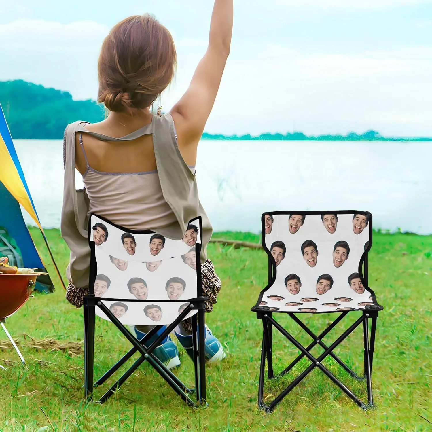 Sinestour White Custom Folding Camping Chair Personalized Photo Face Outdoor Chair with Carry Bag for Travel Barbeques Picnic