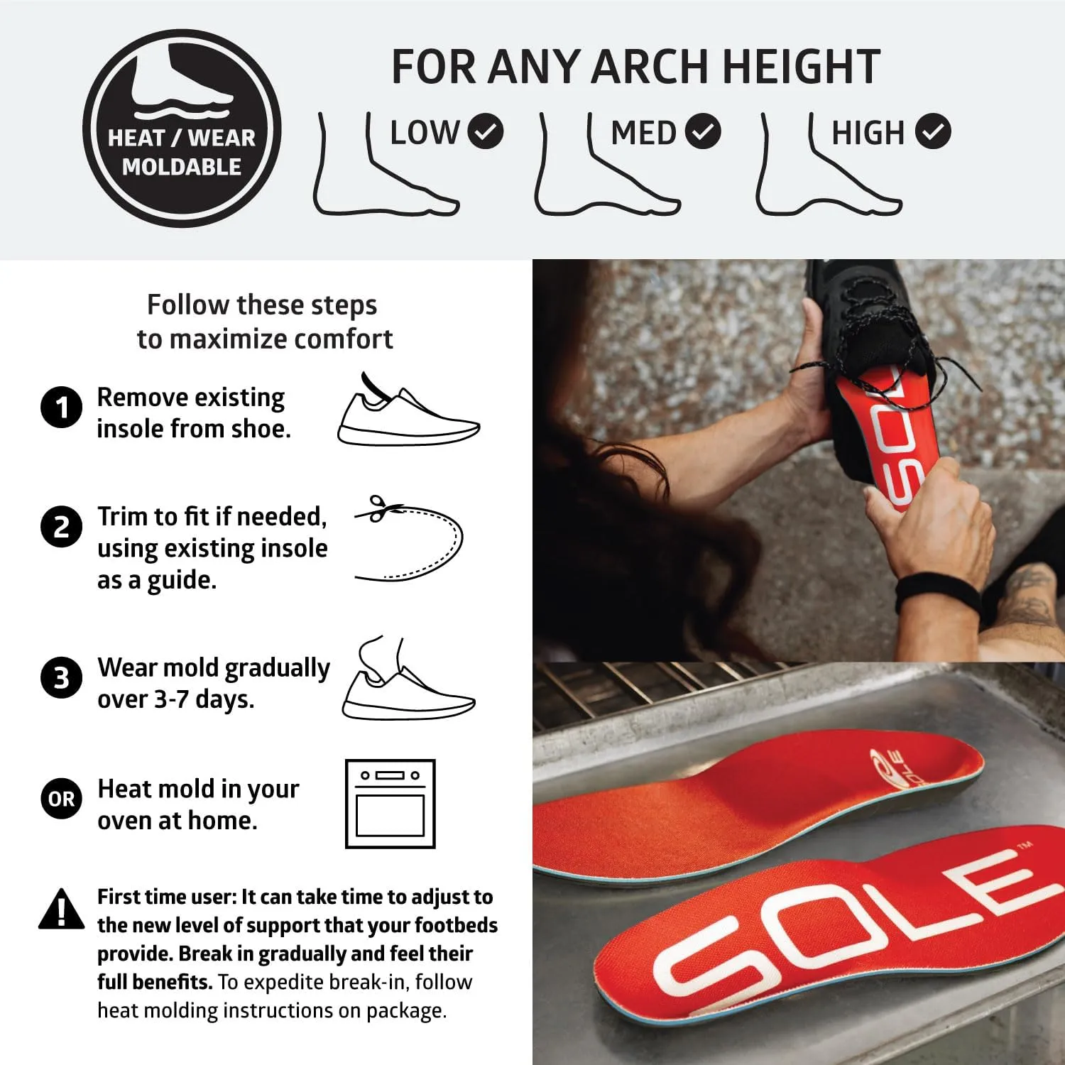 SOLE Active Medium - Plantar Fasciitis Relief Arch Support Insoles - Orthotic Shoe Inserts - Men's Size 12/Women's Size 14