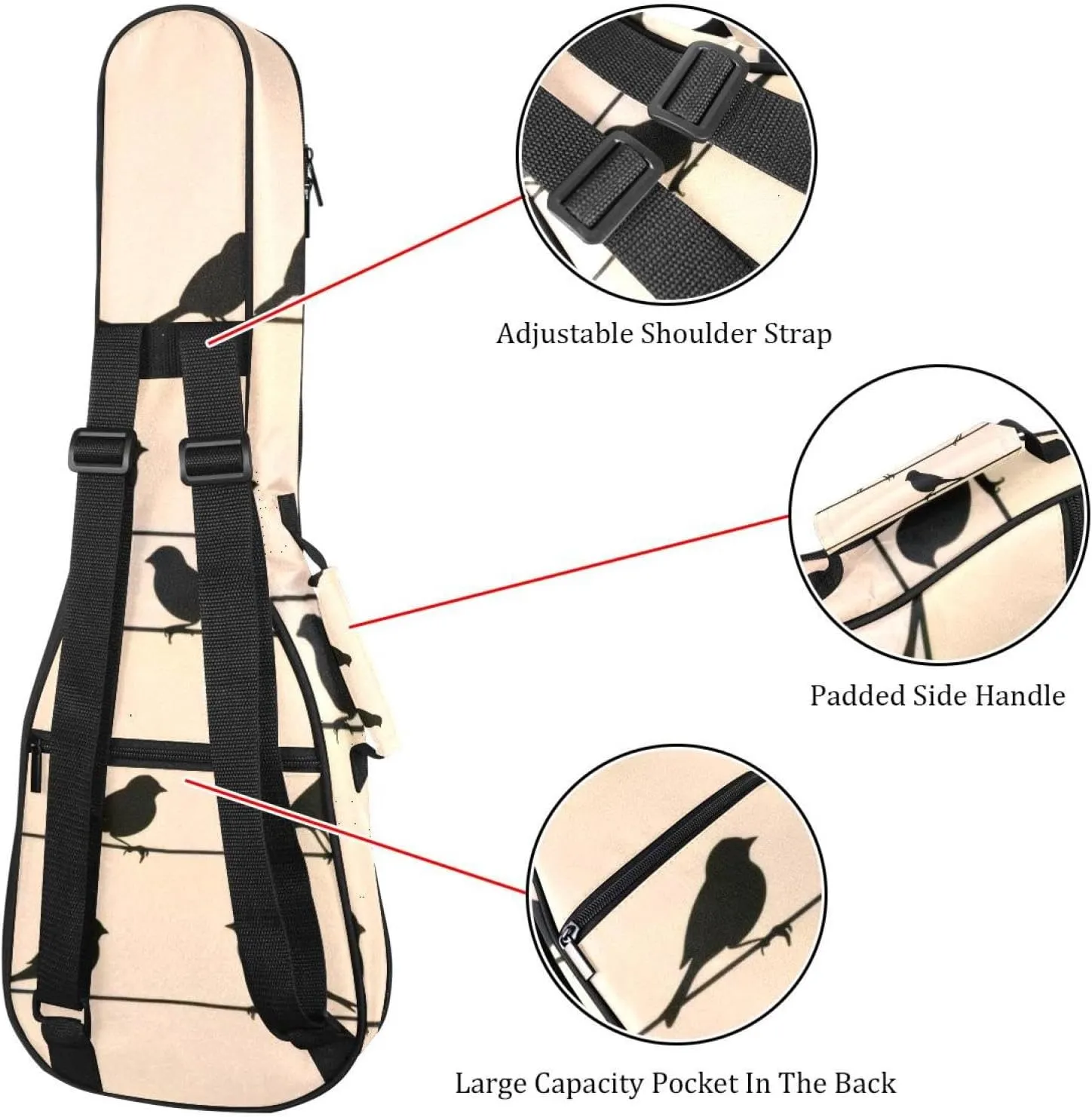 Sparrow Birds Flock on Power Line Wires Ukulele Case, Padded Bag for 23 Inch Concert Ukulele, Waterproof & Durable