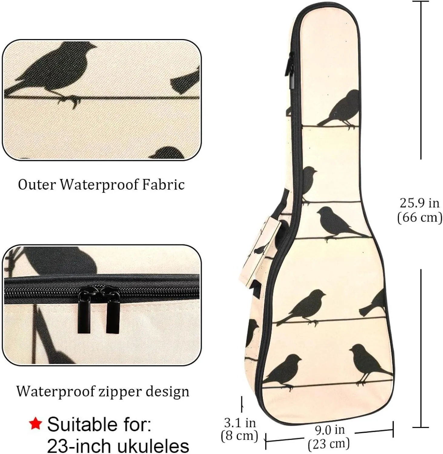 Sparrow Birds Flock on Power Line Wires Ukulele Case, Padded Bag for 23 Inch Concert Ukulele, Waterproof & Durable
