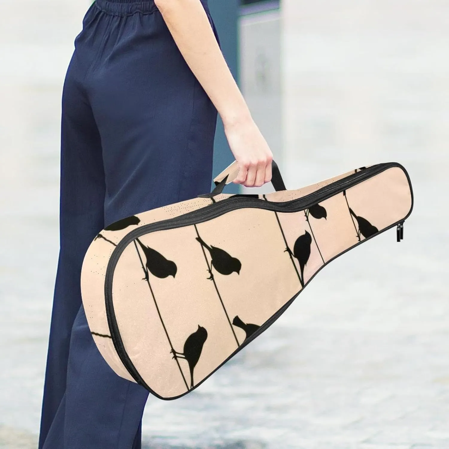 Sparrow Birds Flock on Power Line Wires Ukulele Case, Padded Bag for 23 Inch Concert Ukulele, Waterproof & Durable