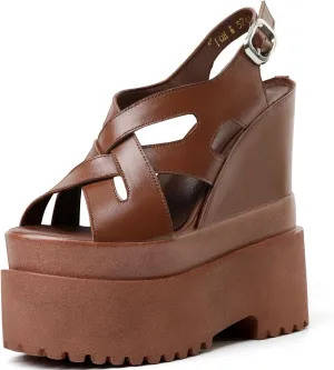 Summer New Retro Super High Wedges Heels Platform Peep Toe Cross-tied Buckle Strap Genuine Leather Women Gladiator Sandals 240306