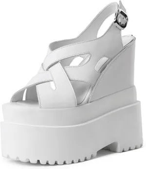 Summer New Retro Super High Wedges Heels Platform Peep Toe Cross-tied Buckle Strap Genuine Leather Women Gladiator Sandals 240306