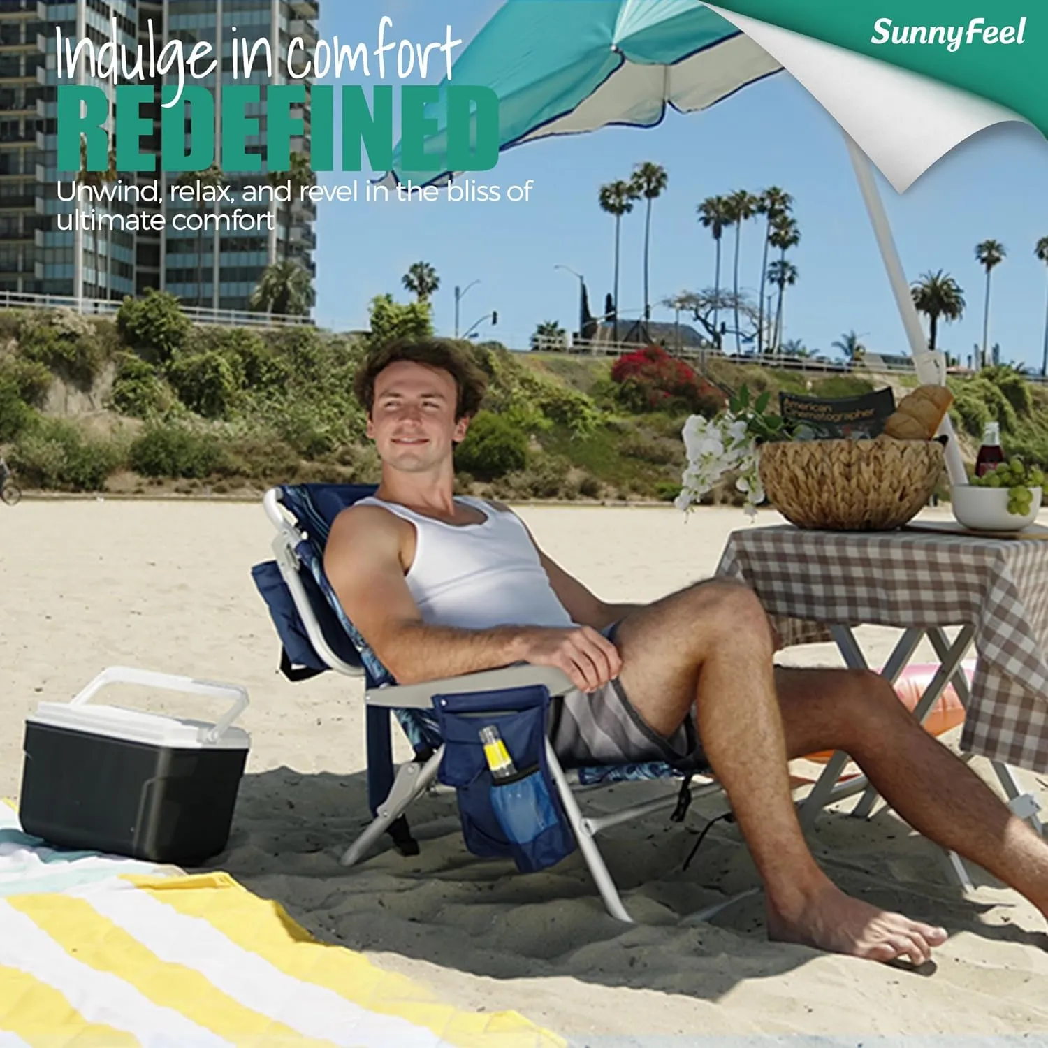 SunnyFeel Low Beach Chairs for Adults, Folding Low Beach Chairs Heavy Duty 5 Position Lay Flat Reclining with Cup Holder,Pillow,Cooler Bag for Sand/Outdoor/Lawn, Portable Camping Chair