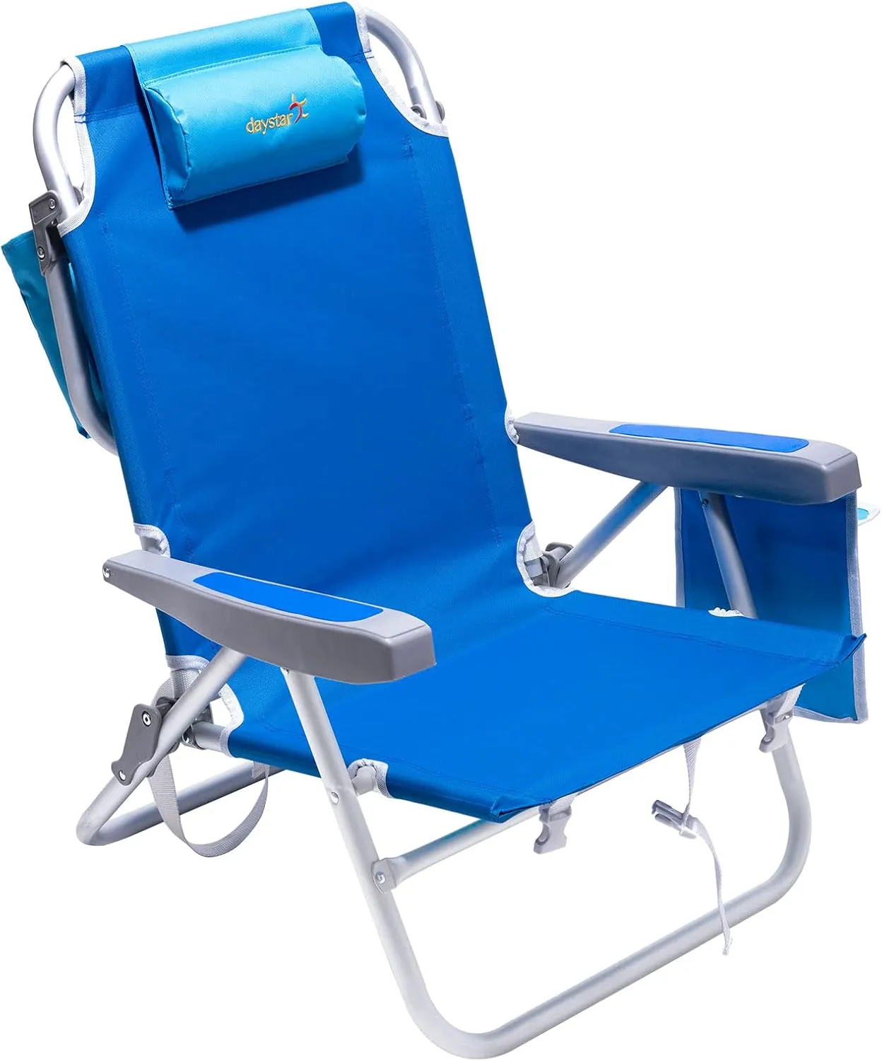 SunnyFeel Low Beach Chairs for Adults, Folding Low Beach Chairs Heavy Duty 5 Position Lay Flat Reclining with Cup Holder,Pillow,Cooler Bag for Sand/Outdoor/Lawn, Portable Camping Chair