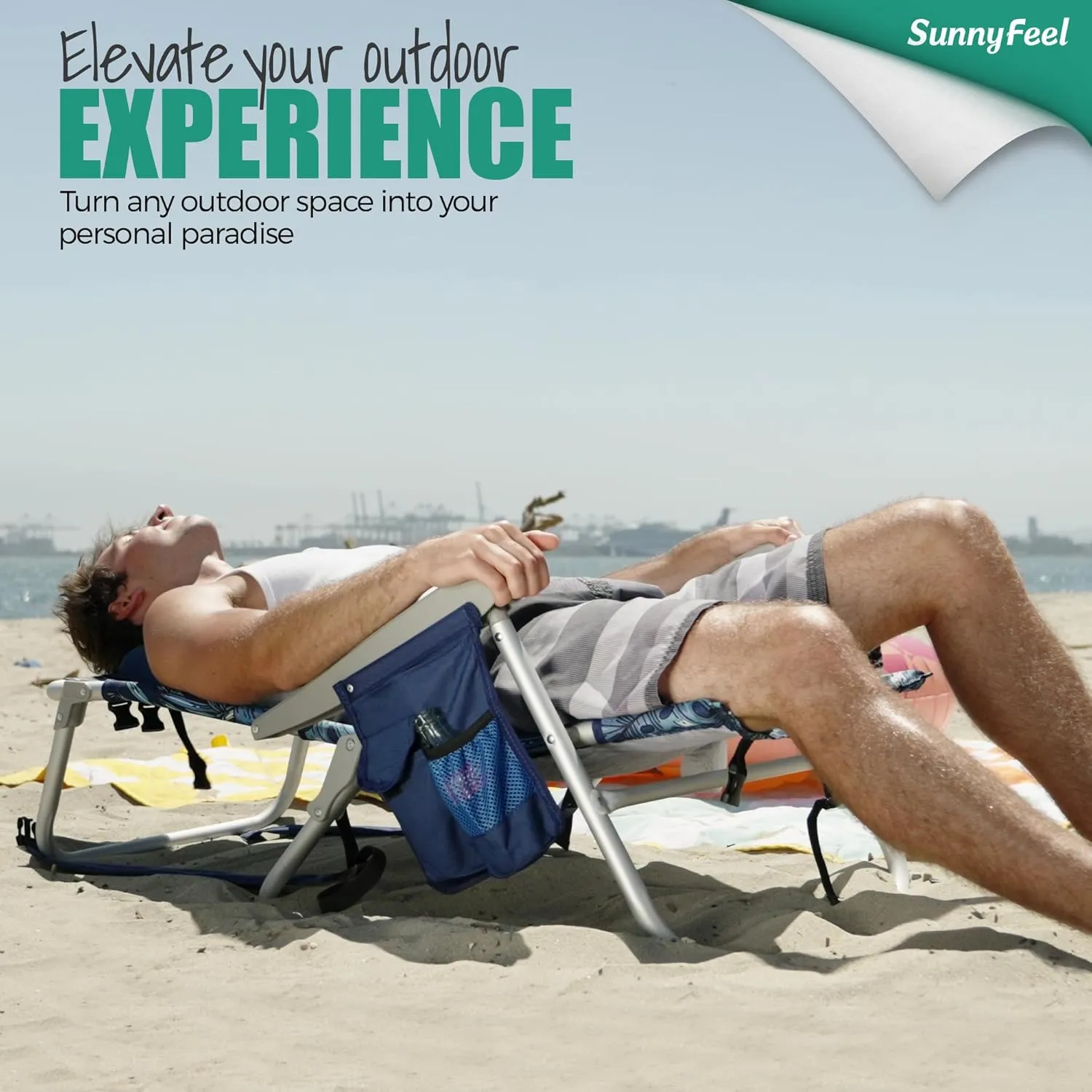 SunnyFeel Low Beach Chairs for Adults, Folding Low Beach Chairs Heavy Duty 5 Position Lay Flat Reclining with Cup Holder,Pillow,Cooler Bag for Sand/Outdoor/Lawn, Portable Camping Chair