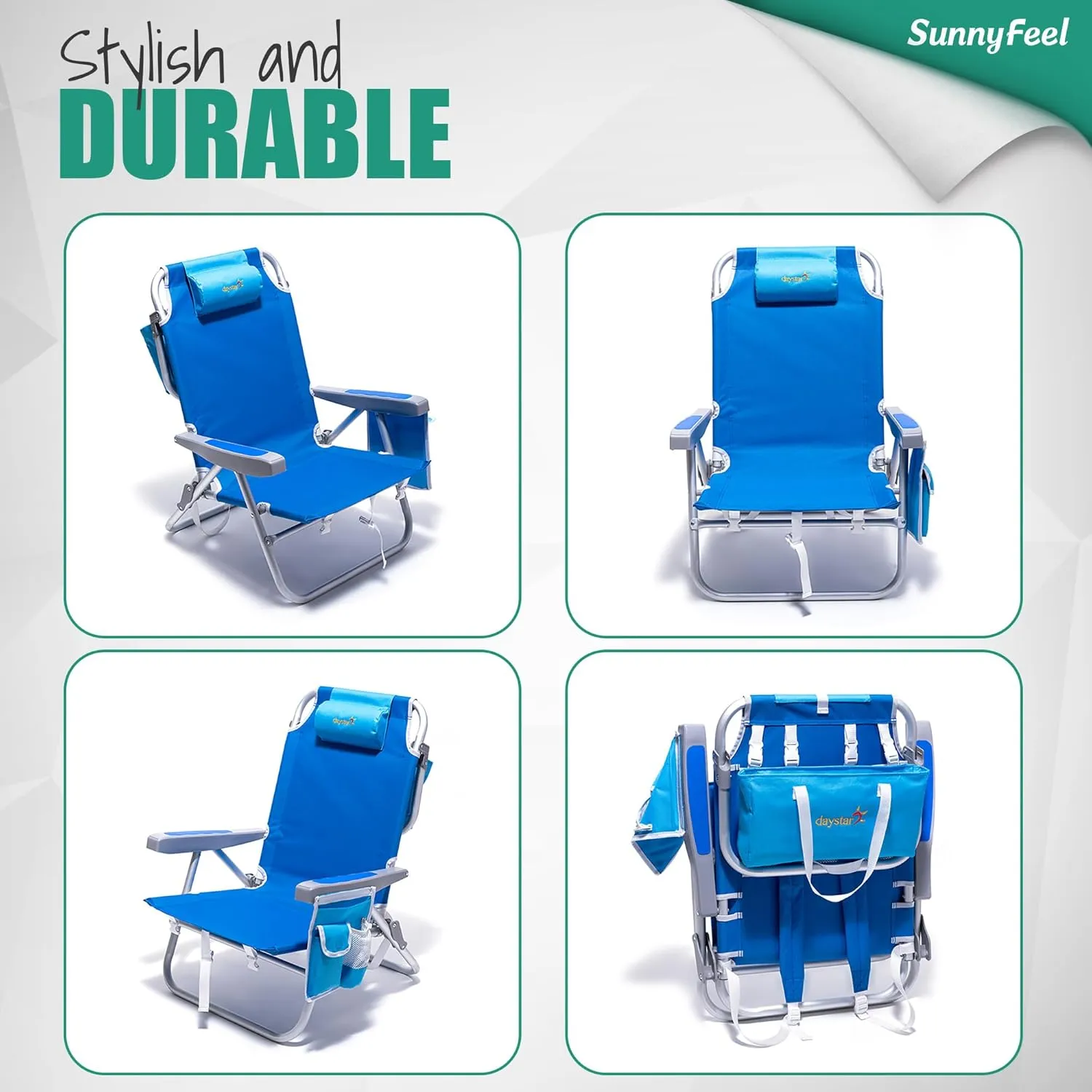 SunnyFeel Low Beach Chairs for Adults, Folding Low Beach Chairs Heavy Duty 5 Position Lay Flat Reclining with Cup Holder,Pillow,Cooler Bag for Sand/Outdoor/Lawn, Portable Camping Chair