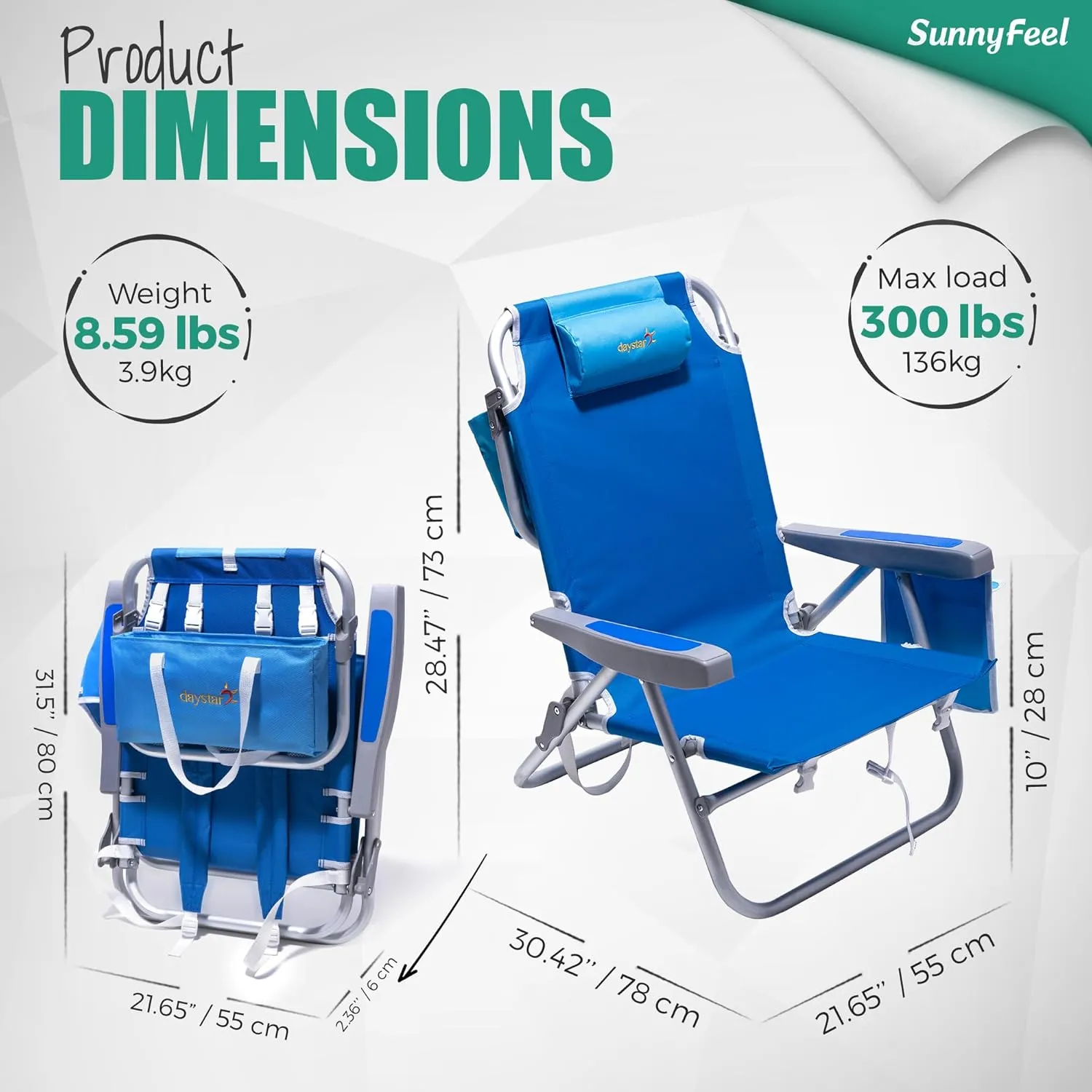 SunnyFeel Low Beach Chairs for Adults, Folding Low Beach Chairs Heavy Duty 5 Position Lay Flat Reclining with Cup Holder,Pillow,Cooler Bag for Sand/Outdoor/Lawn, Portable Camping Chair