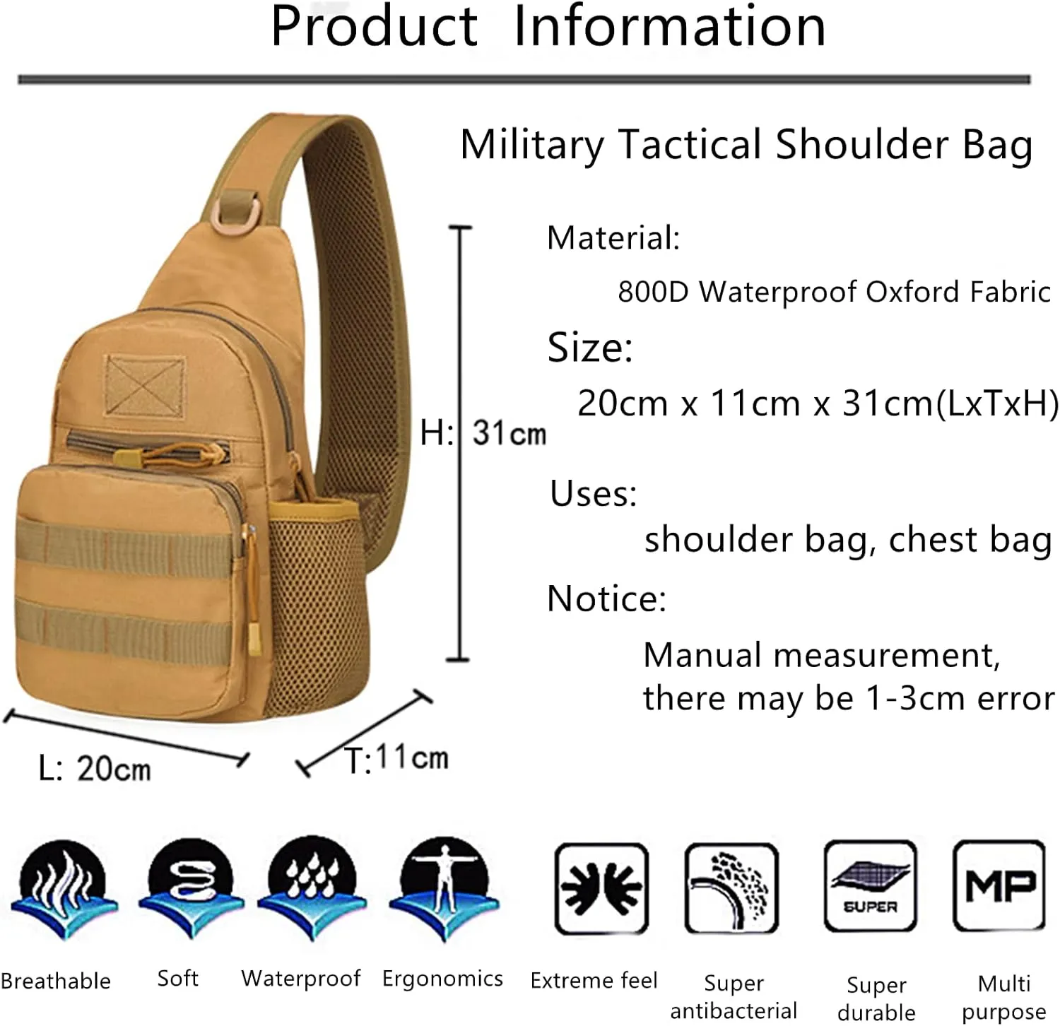 Tactical Shoulder Bag, Outdoor Sports Climbing Hiking Trekking Backpack, Men Military Hunting Fishing Molle Pack