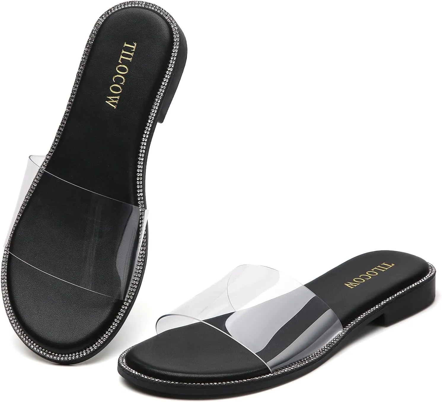 Tilocow Women Clear Sandals for Womens Rhinestone Decor Slides Slip on Bling Sandals Daily Casual Beach Summer Flat Shoes