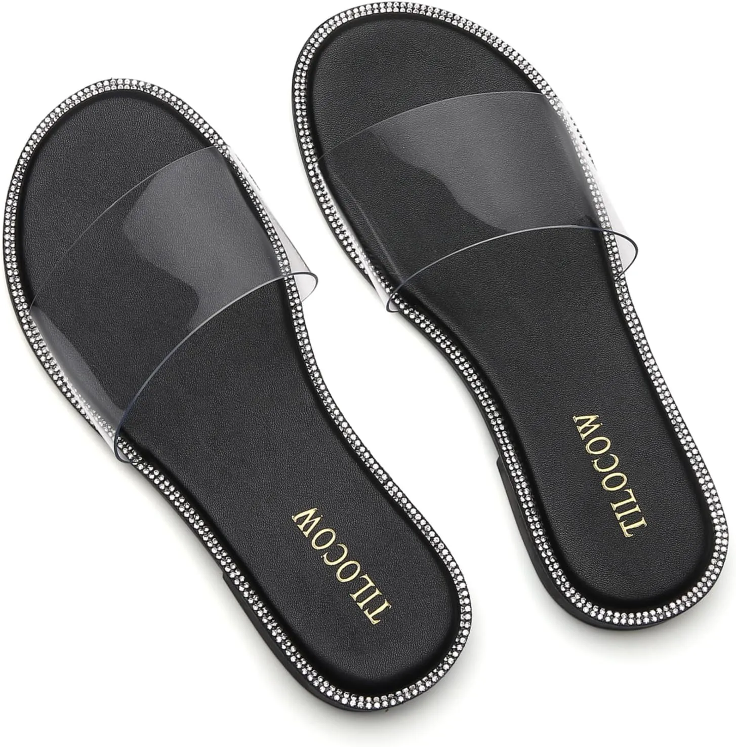 Tilocow Women Clear Sandals for Womens Rhinestone Decor Slides Slip on Bling Sandals Daily Casual Beach Summer Flat Shoes
