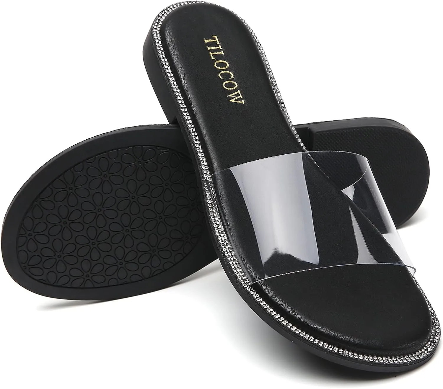 Tilocow Women Clear Sandals for Womens Rhinestone Decor Slides Slip on Bling Sandals Daily Casual Beach Summer Flat Shoes
