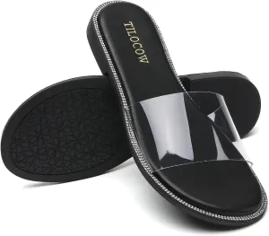 Tilocow Women Clear Sandals for Womens Rhinestone Decor Slides Slip on Bling Sandals Daily Casual Beach Summer Flat Shoes
