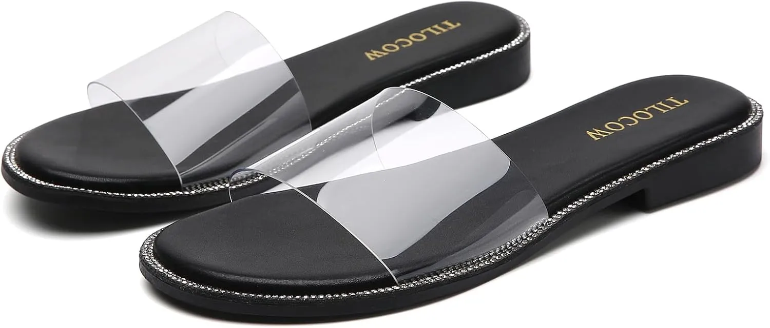 Tilocow Women Clear Sandals for Womens Rhinestone Decor Slides Slip on Bling Sandals Daily Casual Beach Summer Flat Shoes