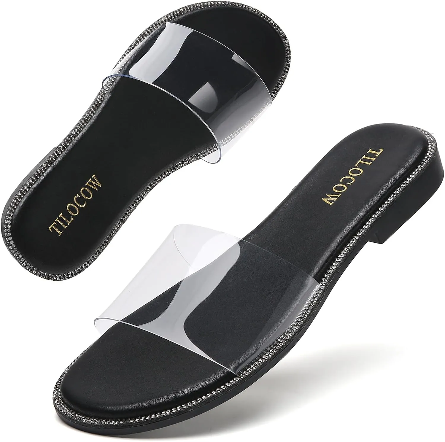 Tilocow Women Clear Sandals for Womens Rhinestone Decor Slides Slip on Bling Sandals Daily Casual Beach Summer Flat Shoes