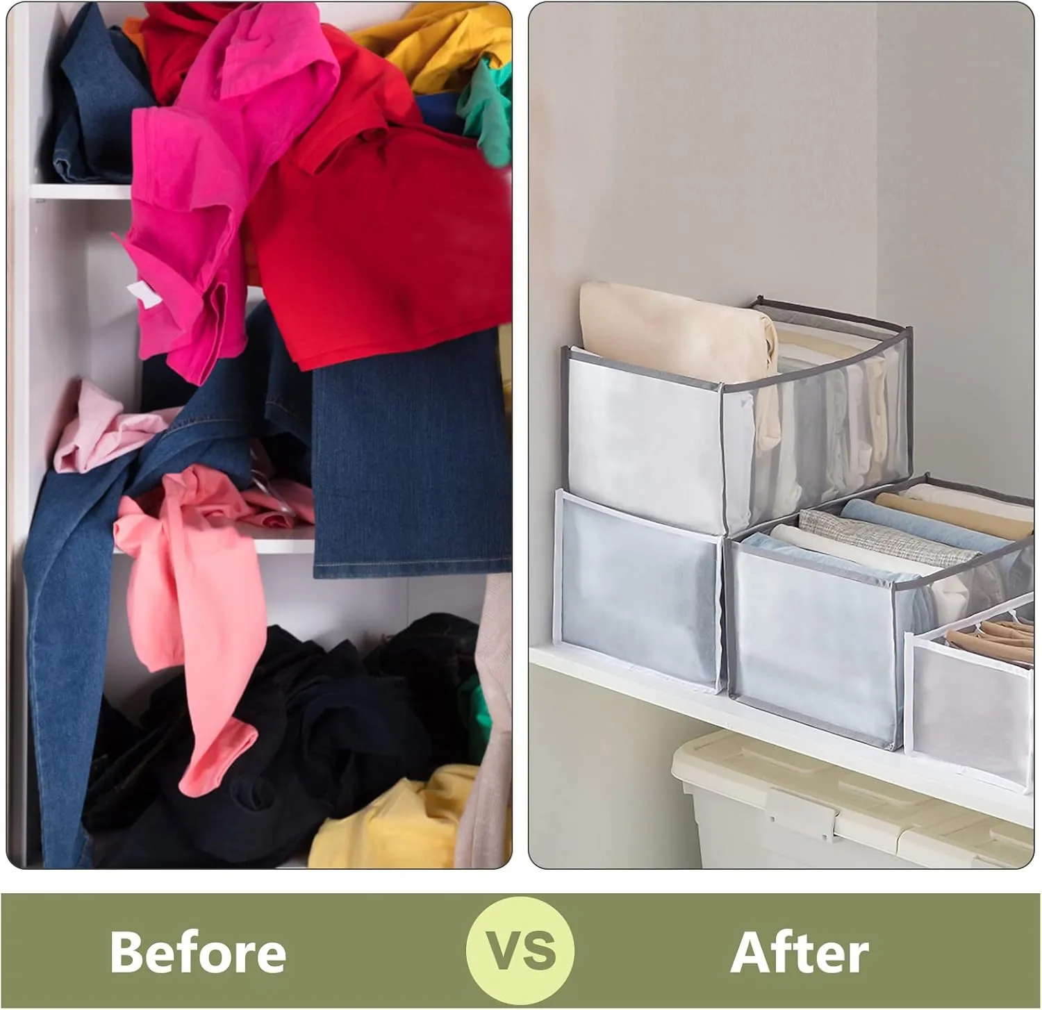 TOOVREN Wardrobe Clothes Organizer 7 Grids, Folded Clothes Organizer for Closet, Clothing Storage Bins,Washable Foldable Drawer Clothes Compartment Storage Box for Closet Bedroom Dorm Room (Gray,2PCS)
