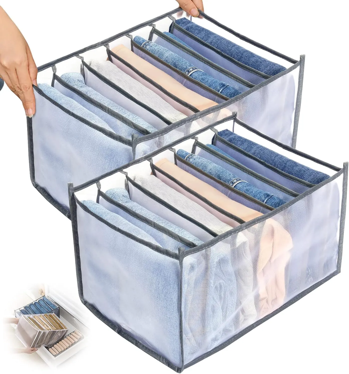TOOVREN Wardrobe Clothes Organizer 7 Grids, Folded Clothes Organizer for Closet, Clothing Storage Bins,Washable Foldable Drawer Clothes Compartment Storage Box for Closet Bedroom Dorm Room (Gray,2PCS)