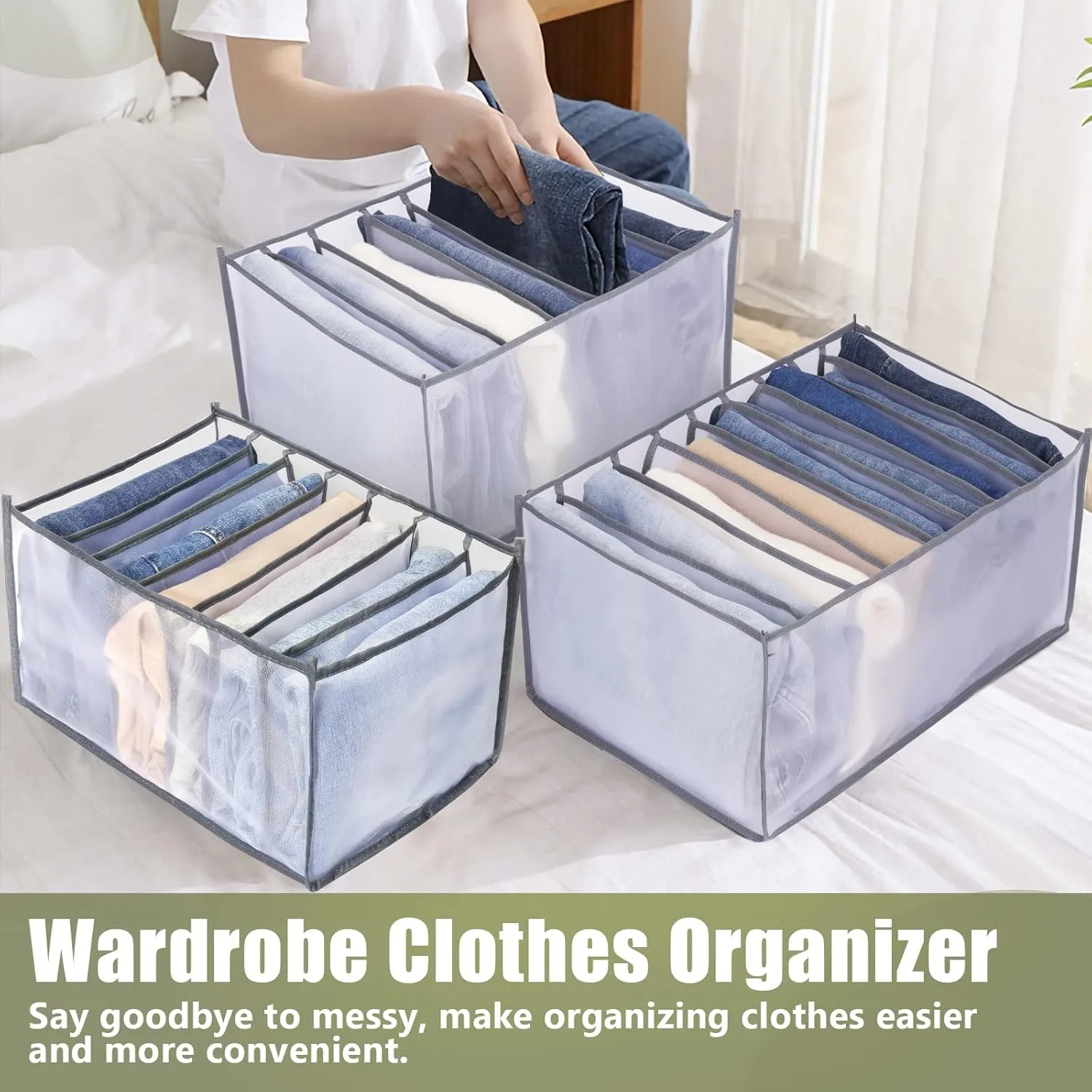 TOOVREN Wardrobe Clothes Organizer 7 Grids, Folded Clothes Organizer for Closet, Clothing Storage Bins,Washable Foldable Drawer Clothes Compartment Storage Box for Closet Bedroom Dorm Room (Gray,2PCS)