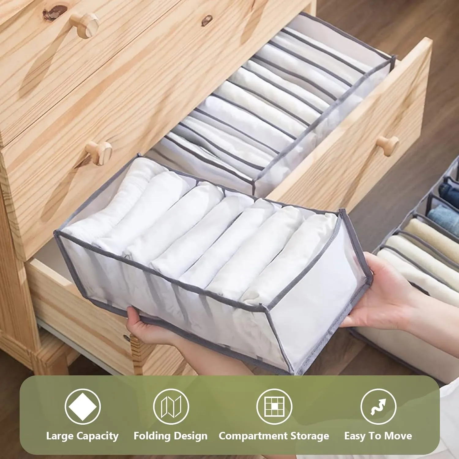 TOOVREN Wardrobe Clothes Organizer 7 Grids, Folded Clothes Organizer for Closet, Clothing Storage Bins,Washable Foldable Drawer Clothes Compartment Storage Box for Closet Bedroom Dorm Room (Gray,2PCS)