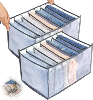 TOOVREN Wardrobe Clothes Organizer 7 Grids, Folded Clothes Organizer for Closet, Clothing Storage Bins,Washable Foldable Drawer Clothes Compartment Storage Box for Closet Bedroom Dorm Room (Gray,2PCS)