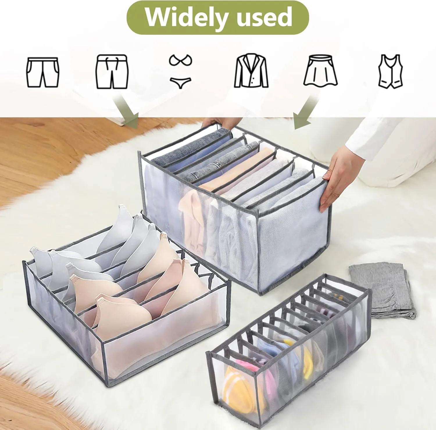 TOOVREN Wardrobe Clothes Organizer 7 Grids, Folded Clothes Organizer for Closet, Clothing Storage Bins,Washable Foldable Drawer Clothes Compartment Storage Box for Closet Bedroom Dorm Room (Gray,2PCS)