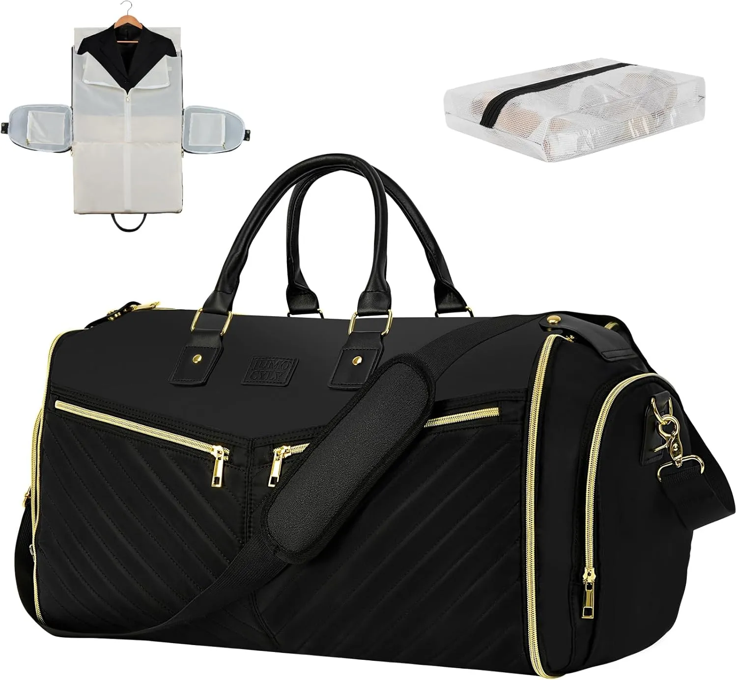 Travel Garment Bag, Convertible Garment Duffel Bag, Large 2 in 1 Carry On Garment Bag with Shoe Pouch, Foldable Hanging Overnight Weekender Bags for Women Suitcase Dress Suit, Black