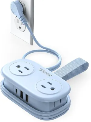 Travel Power Strip with USB C, ORICO 4 Outlets 3 USB Ports (1 USB C) with 4FT Wrapped Short Extension Cord Small Power Strip, Non Surge Protector for Travel, Cruise Ship, Blue