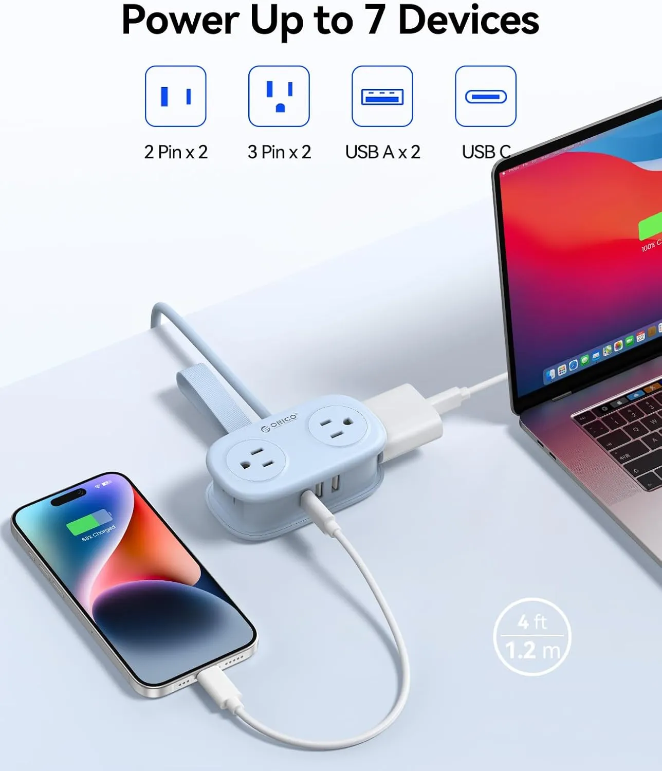Travel Power Strip with USB C, ORICO 4 Outlets 3 USB Ports (1 USB C) with 4FT Wrapped Short Extension Cord Small Power Strip, Non Surge Protector for Travel, Cruise Ship, Blue