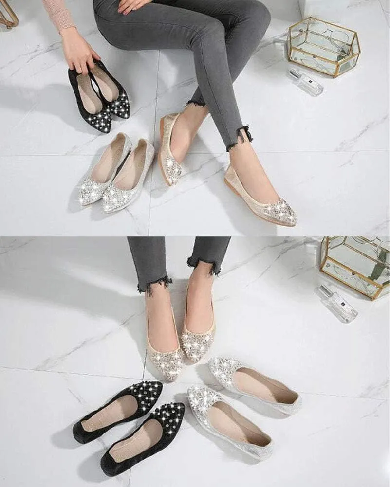 USANDY Women Ballet Flats Rhinestone Wedding Ballerina Shoes Foldable Sparkly Comfort Slip on Flat Shoes