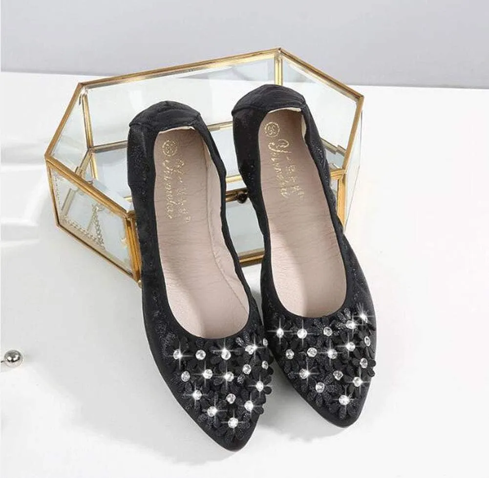 USANDY Women Ballet Flats Rhinestone Wedding Ballerina Shoes Foldable Sparkly Comfort Slip on Flat Shoes