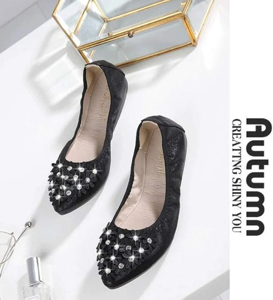 USANDY Women Ballet Flats Rhinestone Wedding Ballerina Shoes Foldable Sparkly Comfort Slip on Flat Shoes