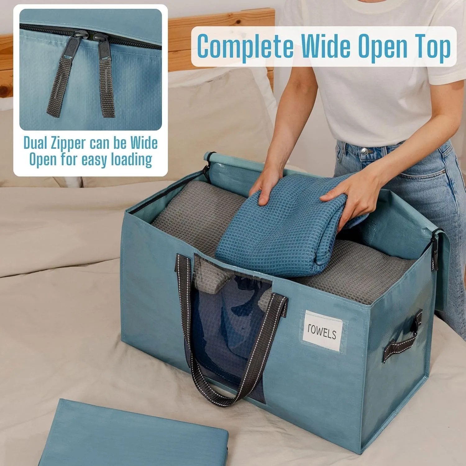 VENO 6 Pack Moving Bags, Comforter and Blanket Storage Bags for Closet, Moving Boxes, Boxes with Lids Alternative, College Dorm Packing Supplies, Foldable Heavy-Duty Tote (Shiny Light Blue, 6 Pack)