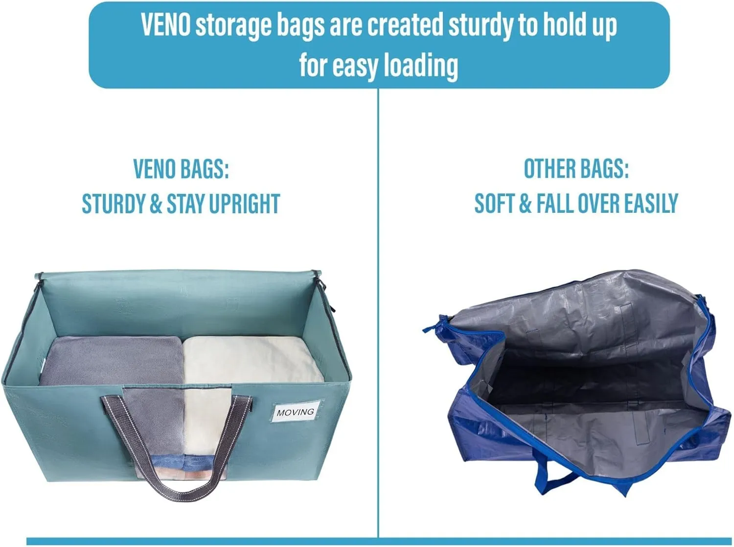 VENO 6 Pack Moving Bags, Comforter and Blanket Storage Bags for Closet, Moving Boxes, Boxes with Lids Alternative, College Dorm Packing Supplies, Foldable Heavy-Duty Tote (Shiny Light Blue, 6 Pack)