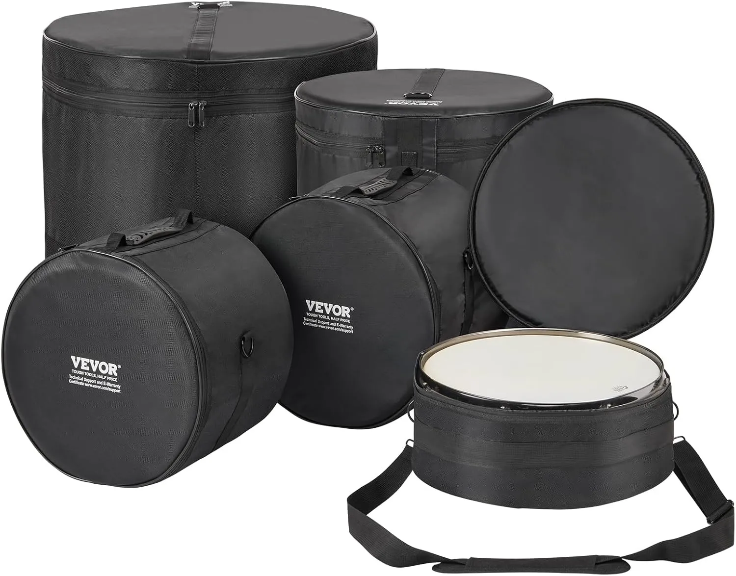 VEVOR 5-Piece Drum Bag Kit, Durable 1680D Oxford Drum Cases, Cushioned Cases with 1.5m Removable Shoulder Strap and Carry Handles, Collapsible, Fits 22'' Bass, 12''/13''/16'' Toms, 14'' Snare
