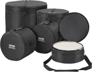 VEVOR 5-Piece Drum Bag Kit, Durable 1680D Oxford Drum Cases, Cushioned Cases with 1.5m Removable Shoulder Strap and Carry Handles, Collapsible, Fits 22'' Bass, 12''/13''/16'' Toms, 14'' Snare
