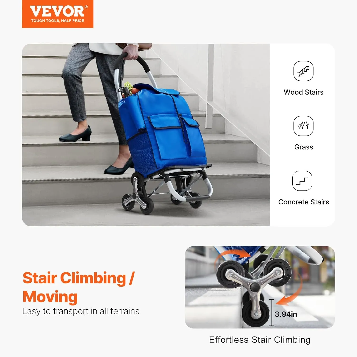 VEVOR Stair Climber Trolley Dolly, 36L Folding Shopping Grocery Cart Trolley Laundry Stair Climbing Handcart with 6 Wheels & Oxford Cloth Bag, Foldable Cart for Shopping Grocery Laundry Climbing