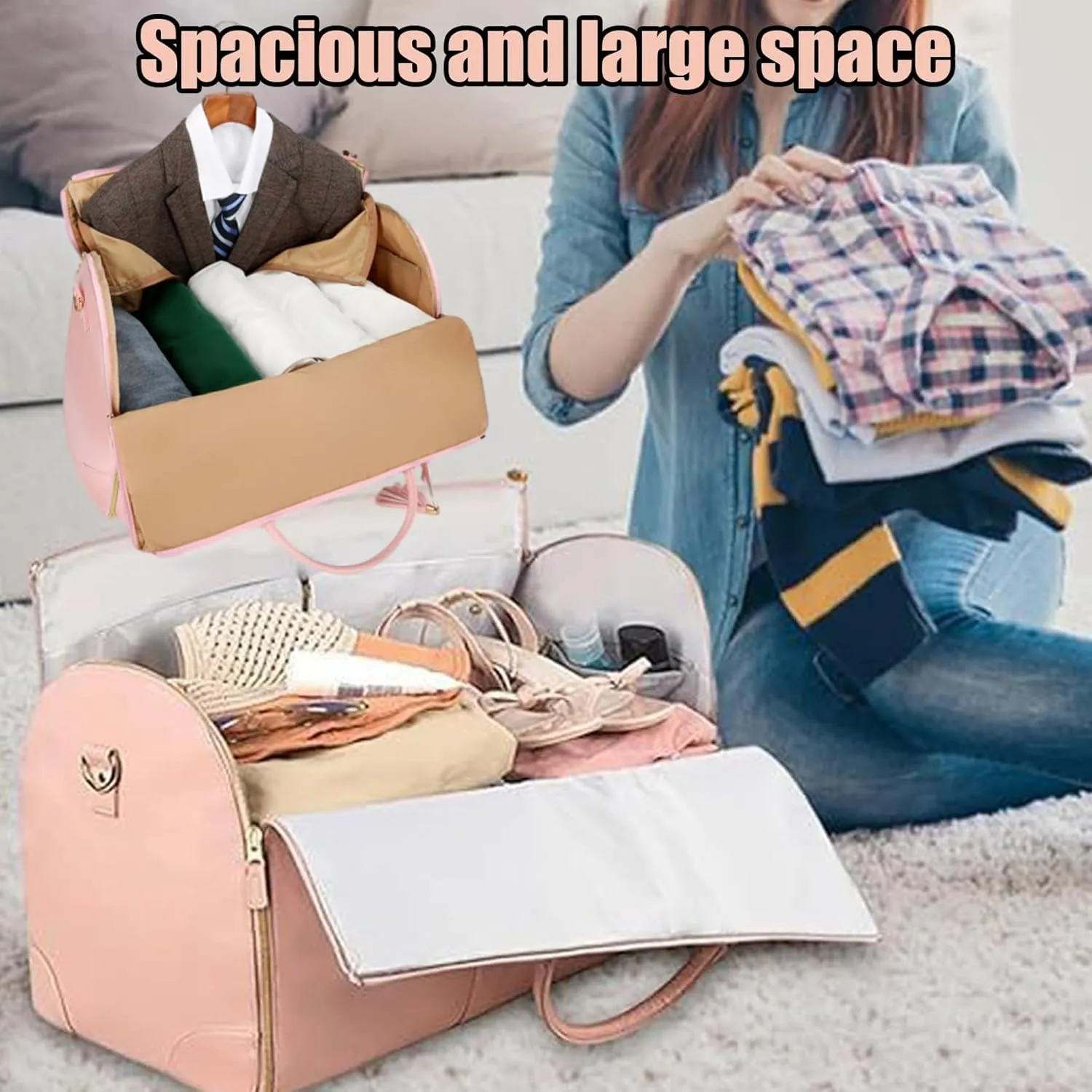 Viralhuntz Foldable Travel Bag, 2-in-1 Garment and Duffle Bag, Water-Resistant, Carry-On Approved,Large Capacity Leather Waterproof Duffel Bag (Light pink)