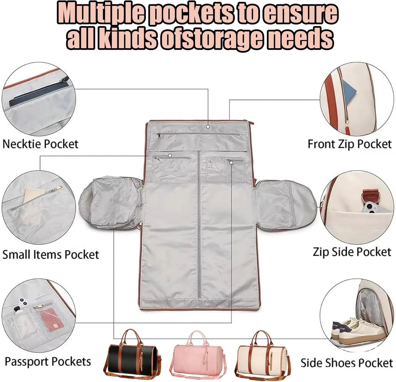 Viralhuntz Foldable Travel Bag, 2-in-1 Garment and Duffle Bag, Water-Resistant, Carry-On Approved,Large Capacity Leather Waterproof Duffel Bag (Light pink)