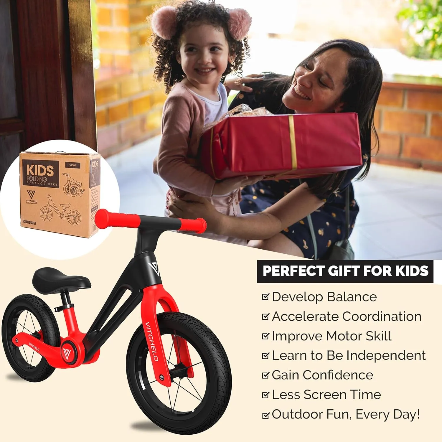 Vitchelo 12” Foldable Toddler Balance Bike, No Pedal Push Balance Bicycle for Kids 2 to 6 Year, Sport Bike with Adjustable Padded Seat, Safety Pad, Flat-Free Tires, Shoulder Strap & Tool Free Assembly