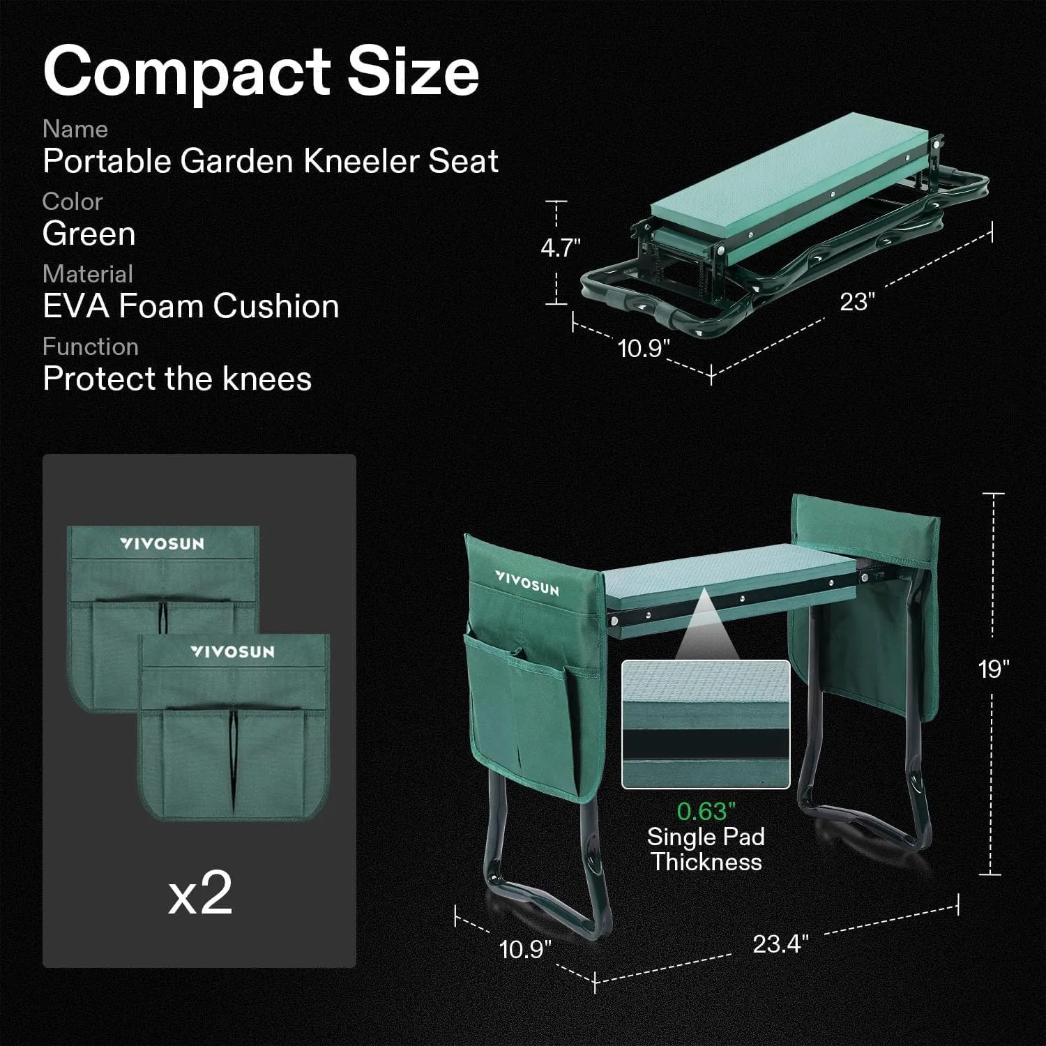VIVOSUN Garden Kneeler and Seat, Foldable Gardening Stool, Garden Kneeling Bench with Handles, EVA Foam Pad & 2 Tool Bags, Portable Garden Tools for Women Men Seniors, 2-in-1 Outdoor Garden Supplies