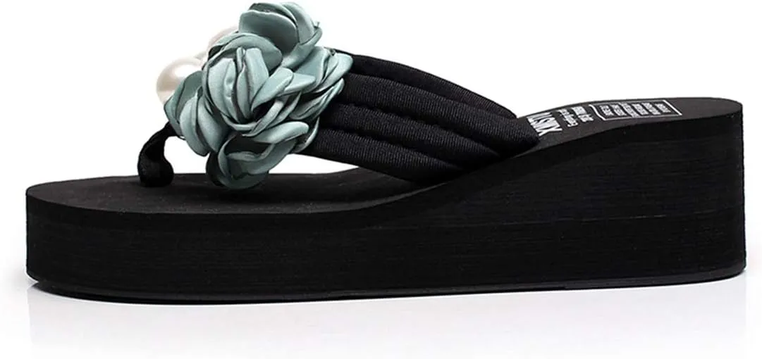 VOKLIN Women's Bohemian Flower Wedge Flipflop Sandals Summer Platform Nonslip High Heel Beach Thong Sandal