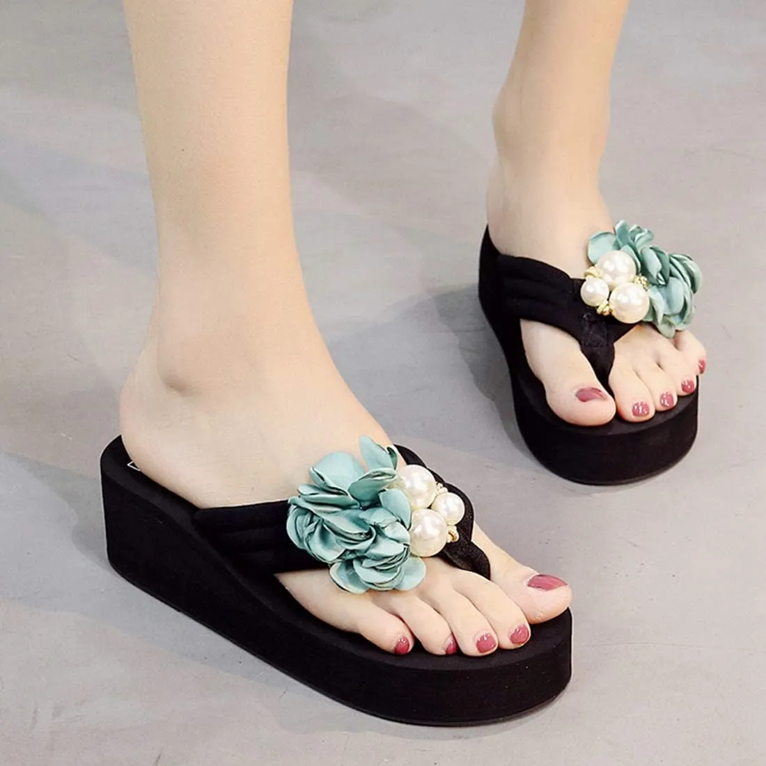 VOKLIN Women's Bohemian Flower Wedge Flipflop Sandals Summer Platform Nonslip High Heel Beach Thong Sandal