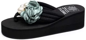 VOKLIN Women's Bohemian Flower Wedge Flipflop Sandals Summer Platform Nonslip High Heel Beach Thong Sandal