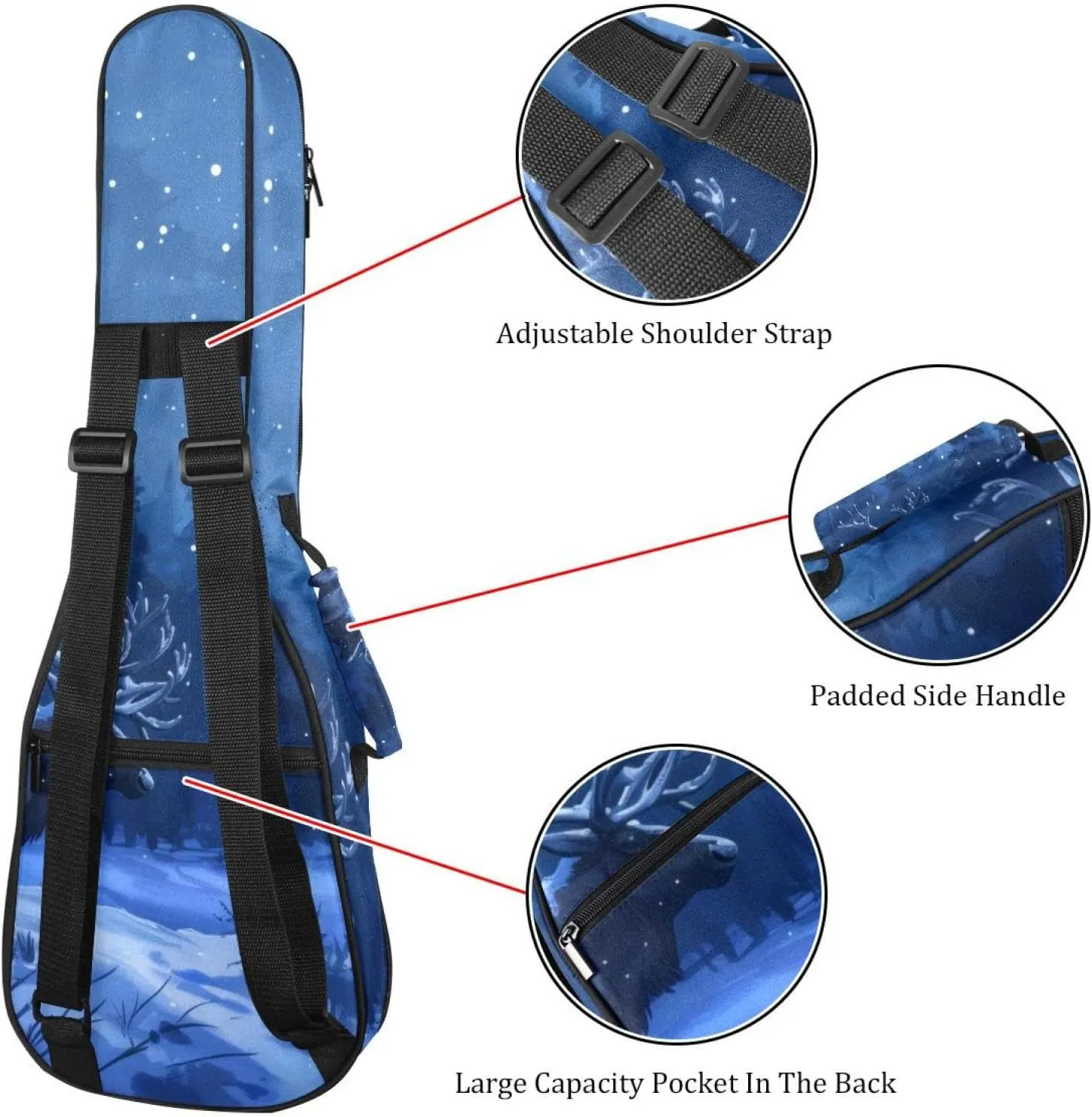 Waterproof Ukulele Case Bag, Durable 23" Ukulele Gig Bag with Storage and Handle - Caribou Tree Forest Night