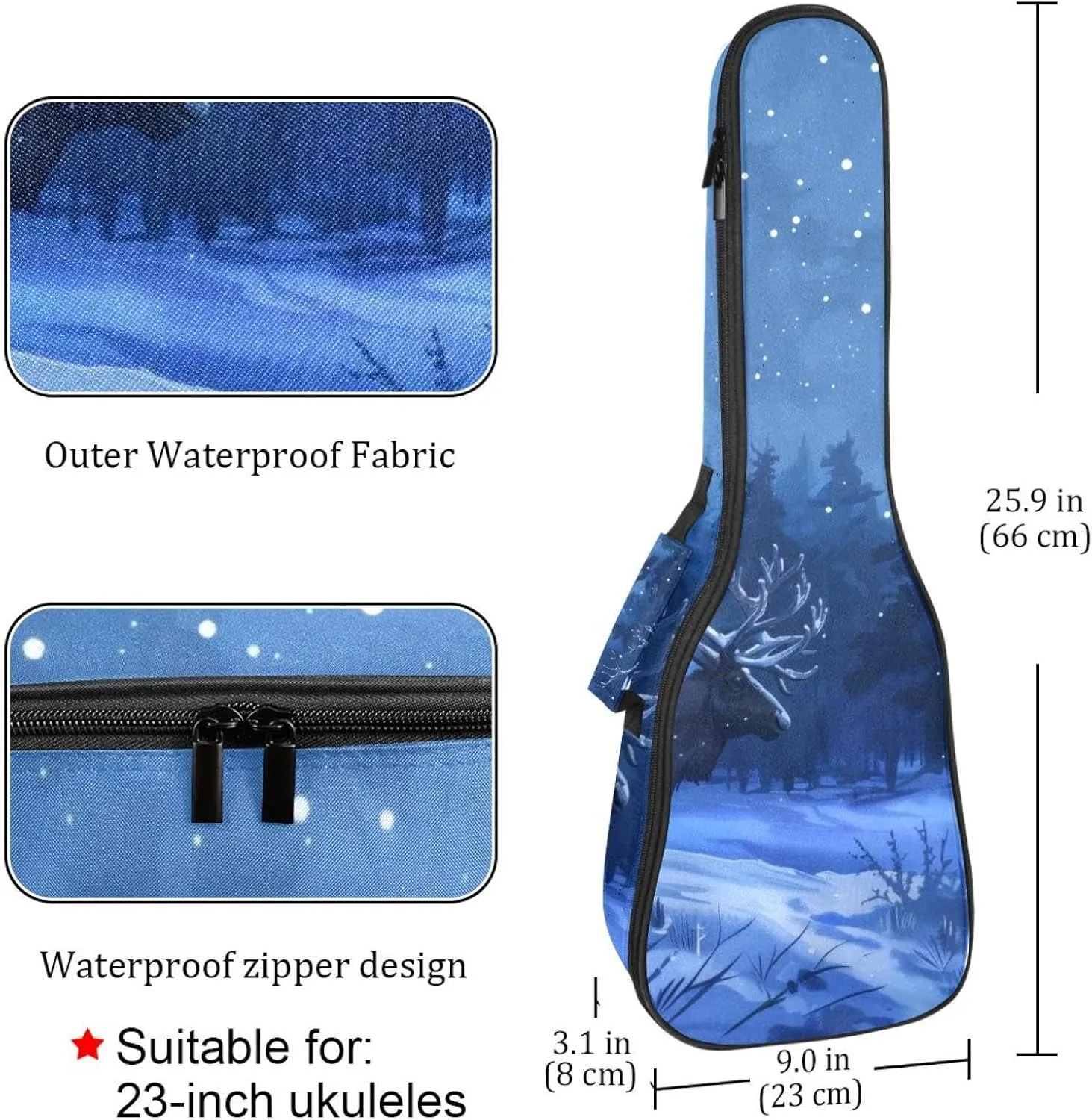 Waterproof Ukulele Case Bag, Durable 23" Ukulele Gig Bag with Storage and Handle - Caribou Tree Forest Night