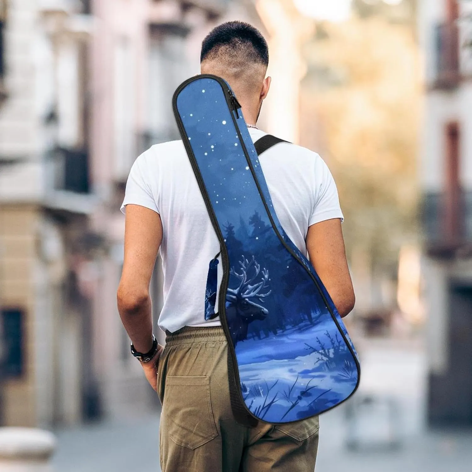 Waterproof Ukulele Case Bag, Durable 23" Ukulele Gig Bag with Storage and Handle - Caribou Tree Forest Night