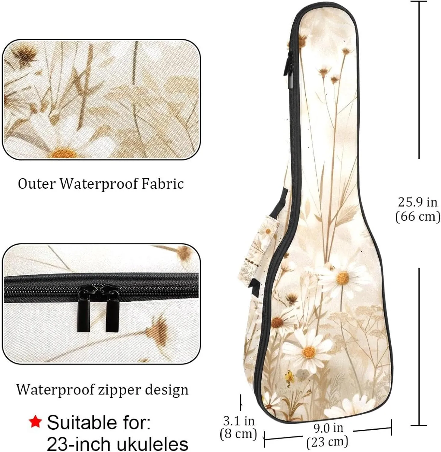 Waterproof Ukulele Case Bag, Durable 23" Ukulele Gig Bag with Storage and Handle - Wildflowers Beige White Vintage Pattern