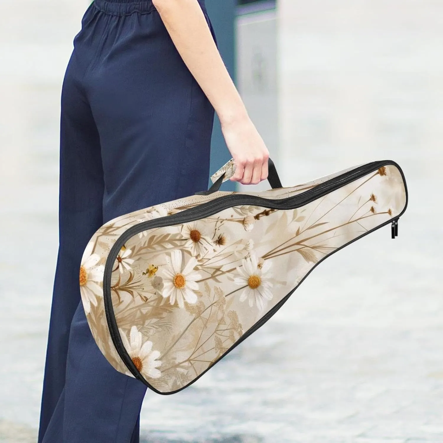 Waterproof Ukulele Case Bag, Durable 23" Ukulele Gig Bag with Storage and Handle - Wildflowers Beige White Vintage Pattern